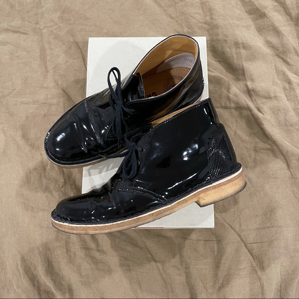 Clarks desert boots black patent leather